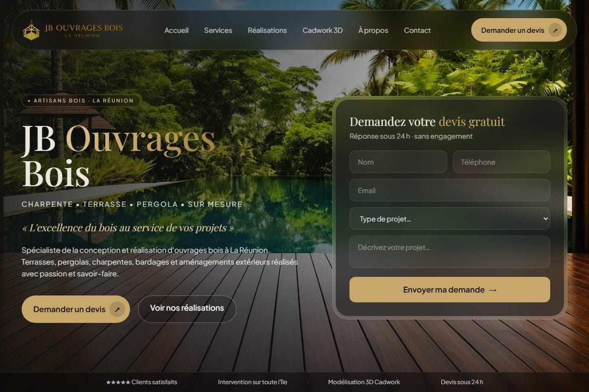 Site vitrine premium JB Ouvrages Bois, artisan charpente et terrasse à La Réunion